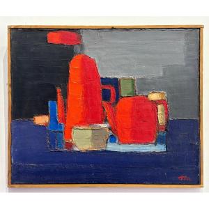 Jean - Pierre FLOCH ( 1937 - 2015 ) - tableau Nature morte à la théière 1978 - huile sur toile