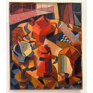 Jean Pierre Floch ( 1937 - 2015) Still Life With Red Pots - Painting - Oil On Canvas
