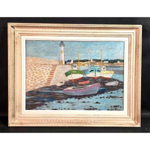 Tableau signé André EVEN (1918-1997) Huile Technique Mixte Port Breton Phare