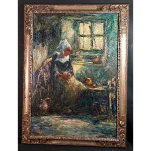 Tableau ancien huile Intérieur signé Armand JAMMAR Bretonne Hollandaise