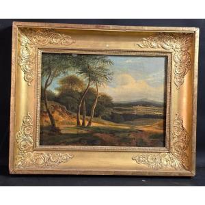 Tableau ancien Huile Paysage animé Romantisme début XIXème