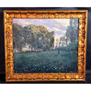 Tableau huile Bèrgère vaches signé Ivan ESCRIBE (1913-1990) Postimpressionnisme