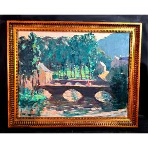 Antique Oil Painting: Landscape With A Bridge, Signed By Marie-anne Ichanson (1889–1964)