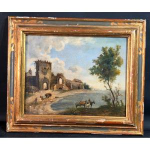 Tableau ancien Huile Paysage animé époque XVIIème