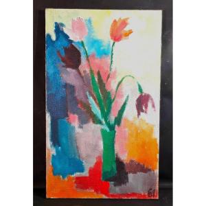 Painting By Pierre Jourda (20th Century) – Still Life With Tulips (1961) Atelier XXème