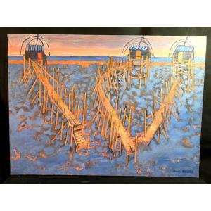 Oil Painting: "seaside Fishing At Carrelet," Signed By Claude Bonno, 20th Century