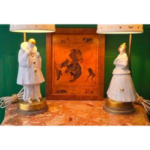 Paire de lampes de table Pierrot et Colombine Édouard-Marcel Sandoz pour Théodore Haviland