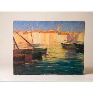 Tableau Bord de mer Saint-Tropez Côte d' Azur signé Alphonse Gauret début XXème