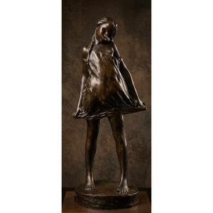 René Bristol (1888–1934) — The Girl In A Shirt figurative Bronze Statue With A Brown Patina