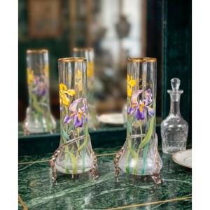 Paire de vases Art Nouveau émail aux iris Manufacture de Montjoye (Legras)