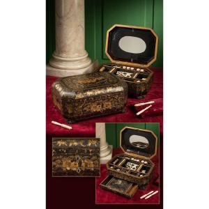 19th-century Chinese Lacquer And Gold Sewing Box And Toiletry Set 