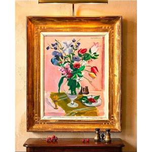 Jules CAVAILLÈS (1901-1977) – Nature morte au bouquet de fleurs, jumelles et pièce d'échec 