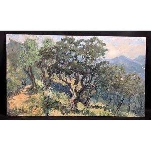 Charles Chardar (1885–1969), Lively Landscape: A Walker On A Path Lined With Olive Trees
