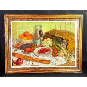 Painting: "grande Nature Morte Gourmande" – Oil On Panel By Charles Chardar 