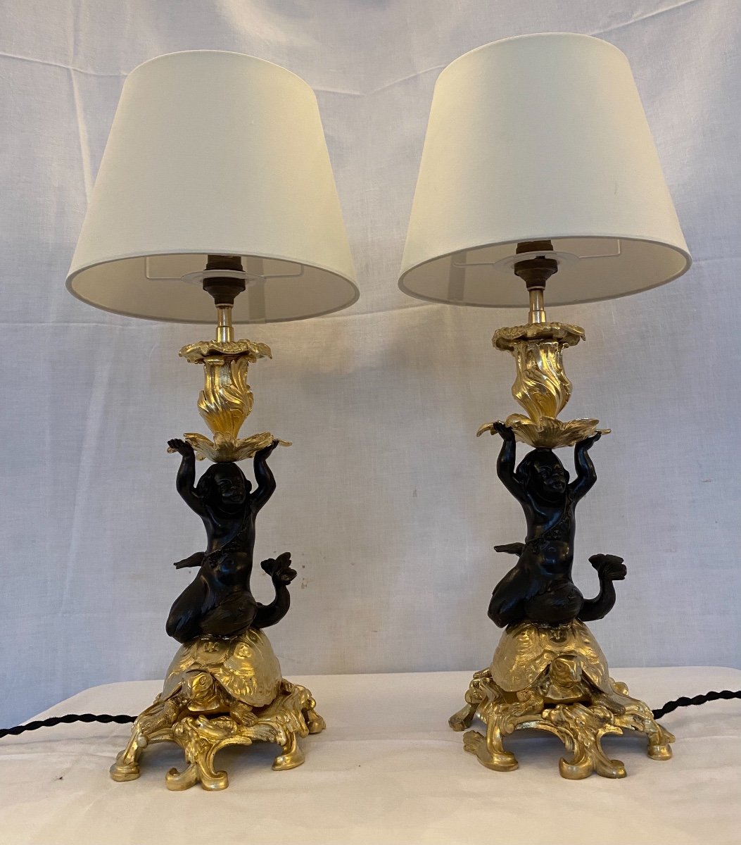 Paire De Lampes Aux Tritons En Bronze -photo-2