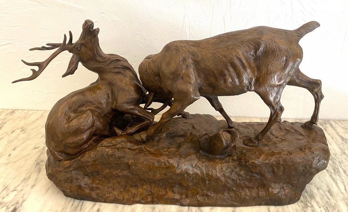 Sculpture Bronze Combat De Cerfs Signé Thomas Cartier 