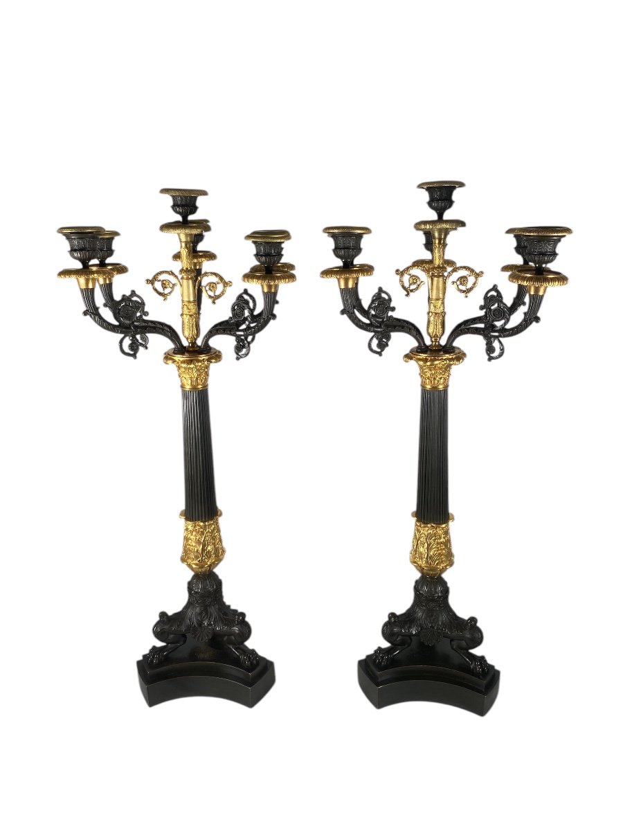 Paire De Candélabres En Bronze Doré Et Patine Brune D’époque Restauration-photo-2