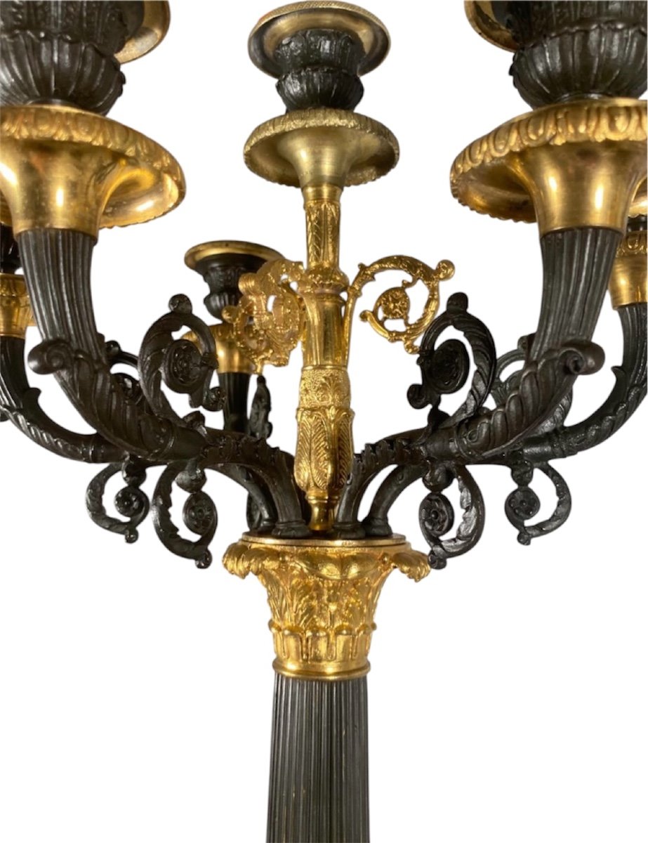 Paire De Candélabres En Bronze Doré Et Patine Brune D’époque Restauration-photo-4