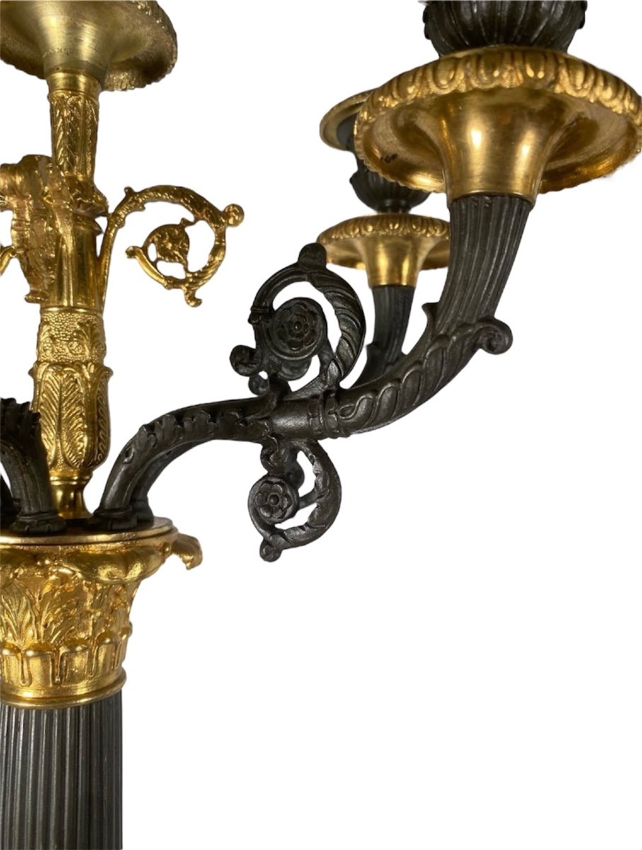 Paire De Candélabres En Bronze Doré Et Patine Brune D’époque Restauration-photo-6