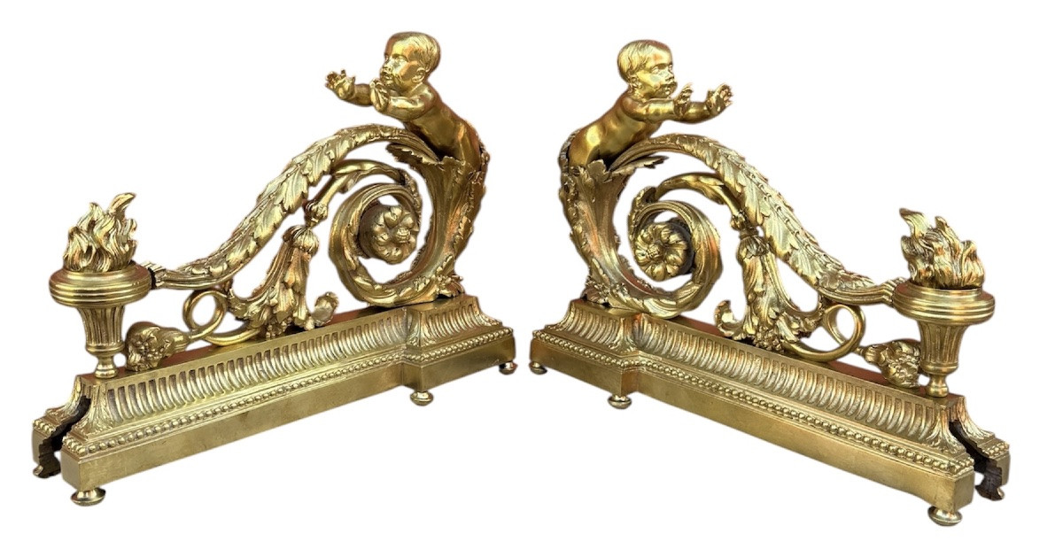 Pair Of Andirons With Arabesques In Gilt Bronze-photo-2