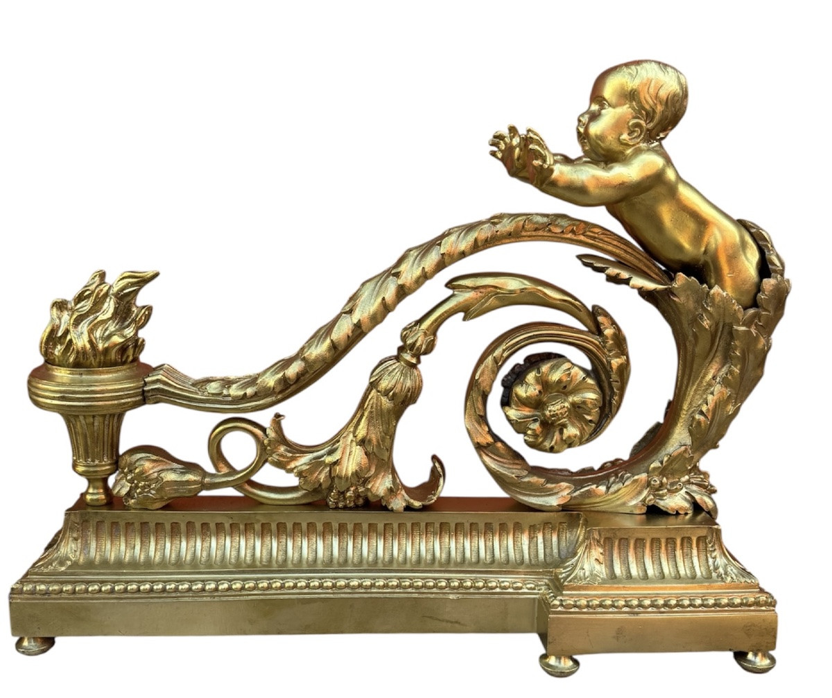 Pair Of Andirons With Arabesques In Gilt Bronze-photo-4