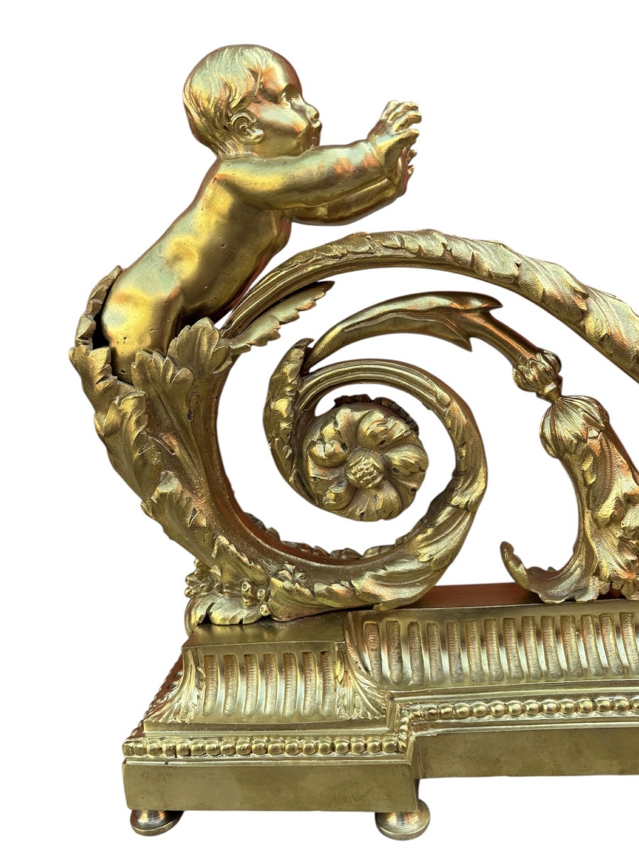 Pair Of Andirons With Arabesques In Gilt Bronze-photo-3