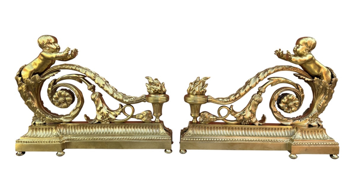 Pair Of Andirons With Arabesques In Gilt Bronze
