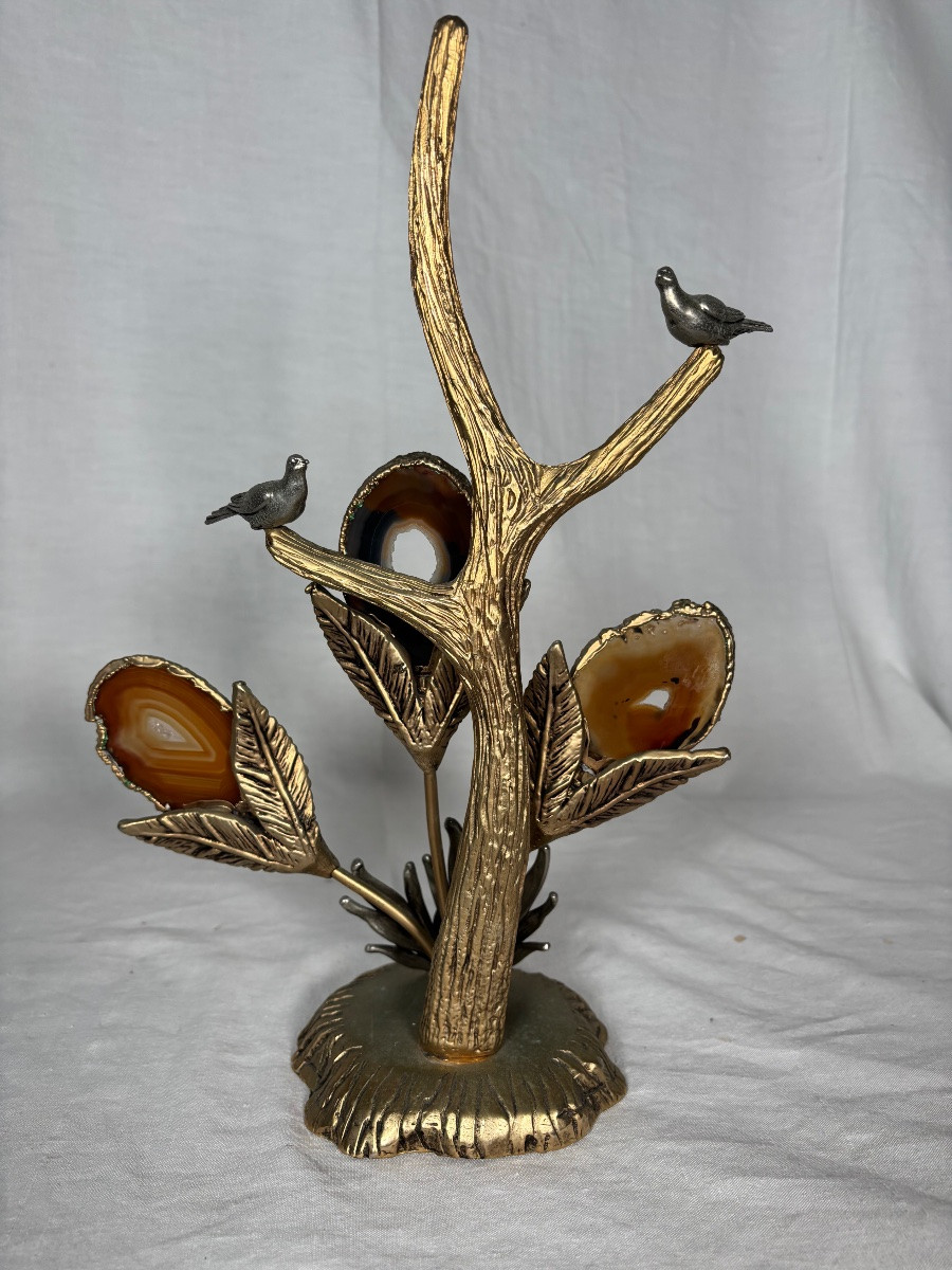 Sculpture En Bronze Doré Argenté Et Agate -photo-2