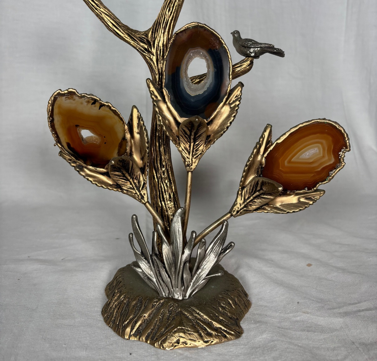 Sculpture En Bronze Doré Argenté Et Agate -photo-3
