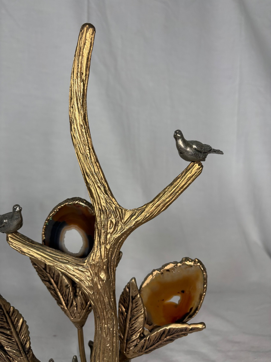 Sculpture En Bronze Doré Argenté Et Agate -photo-1