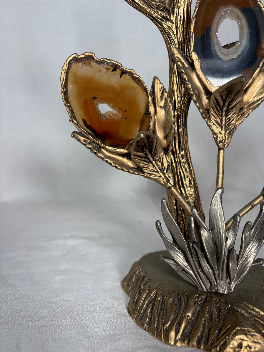 Sculpture En Bronze Doré Argenté Et Agate -photo-2