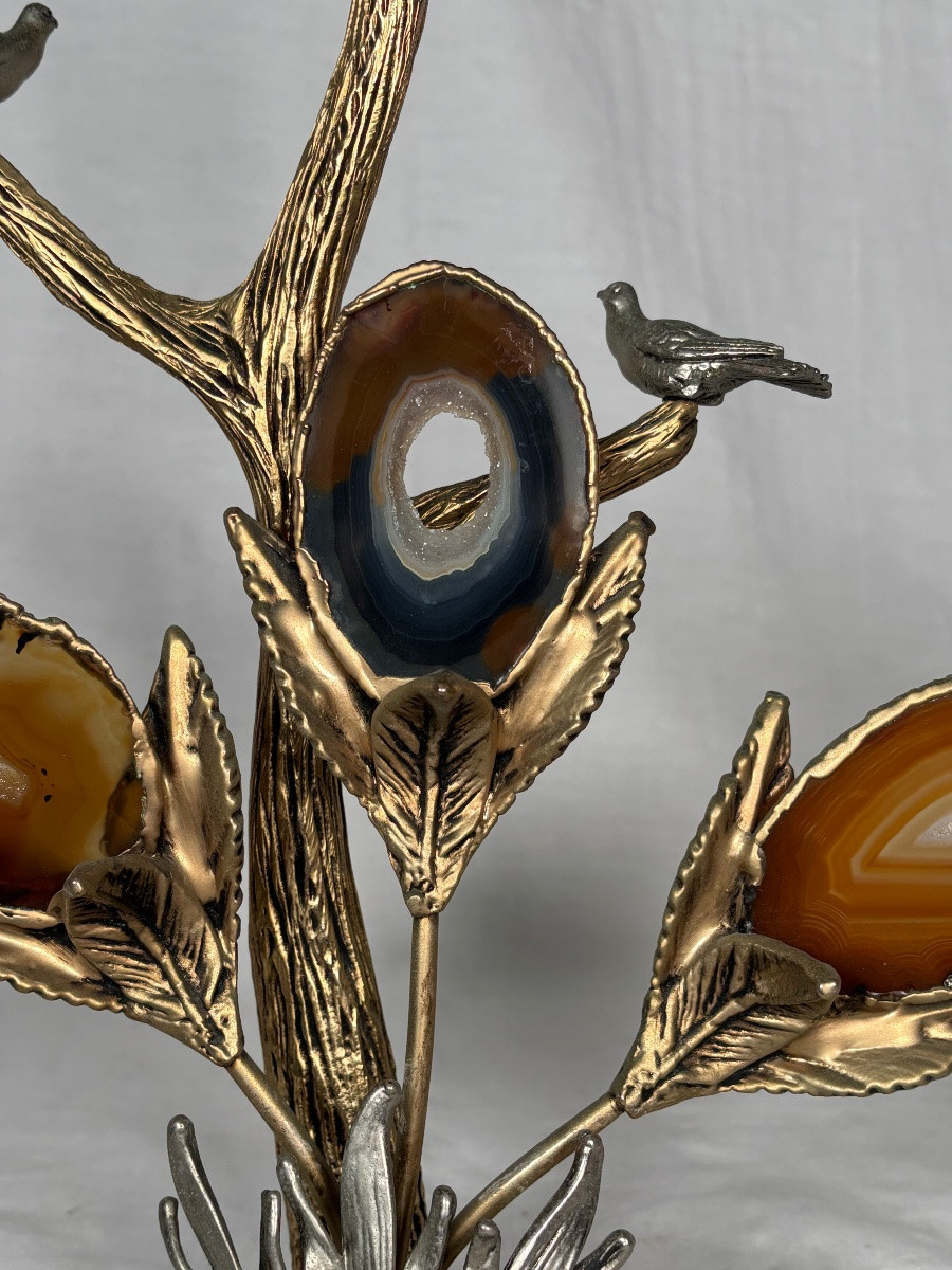 Sculpture En Bronze Doré Argenté Et Agate -photo-3