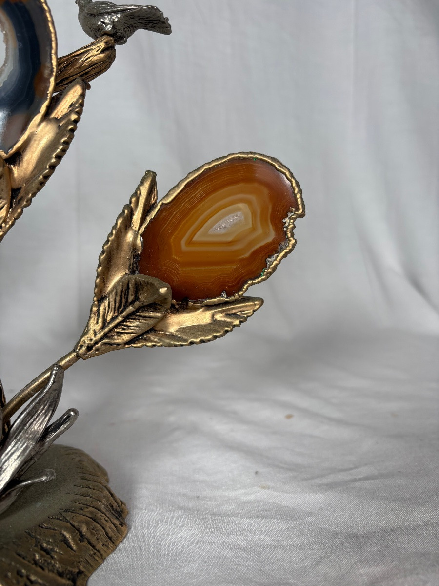 Sculpture En Bronze Doré Argenté Et Agate -photo-4