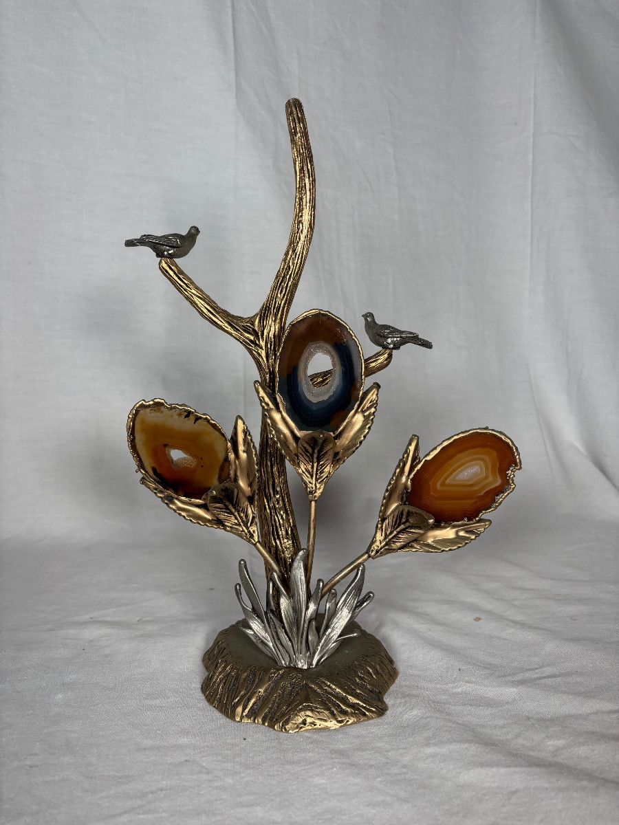 Sculpture En Bronze Doré Argenté Et Agate 