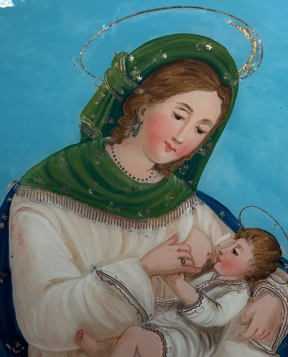 Fixé Sous Verre Fin XVIII eme Siècle Représentant L’allaitement de l’Enfant Jésus par Marie-photo-2