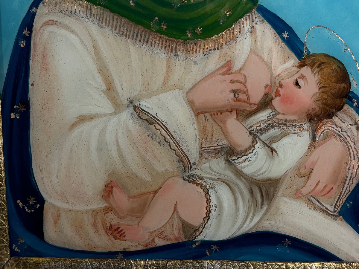 Fixé Sous Verre Fin XVIII eme Siècle Représentant L’allaitement de l’Enfant Jésus par Marie-photo-3