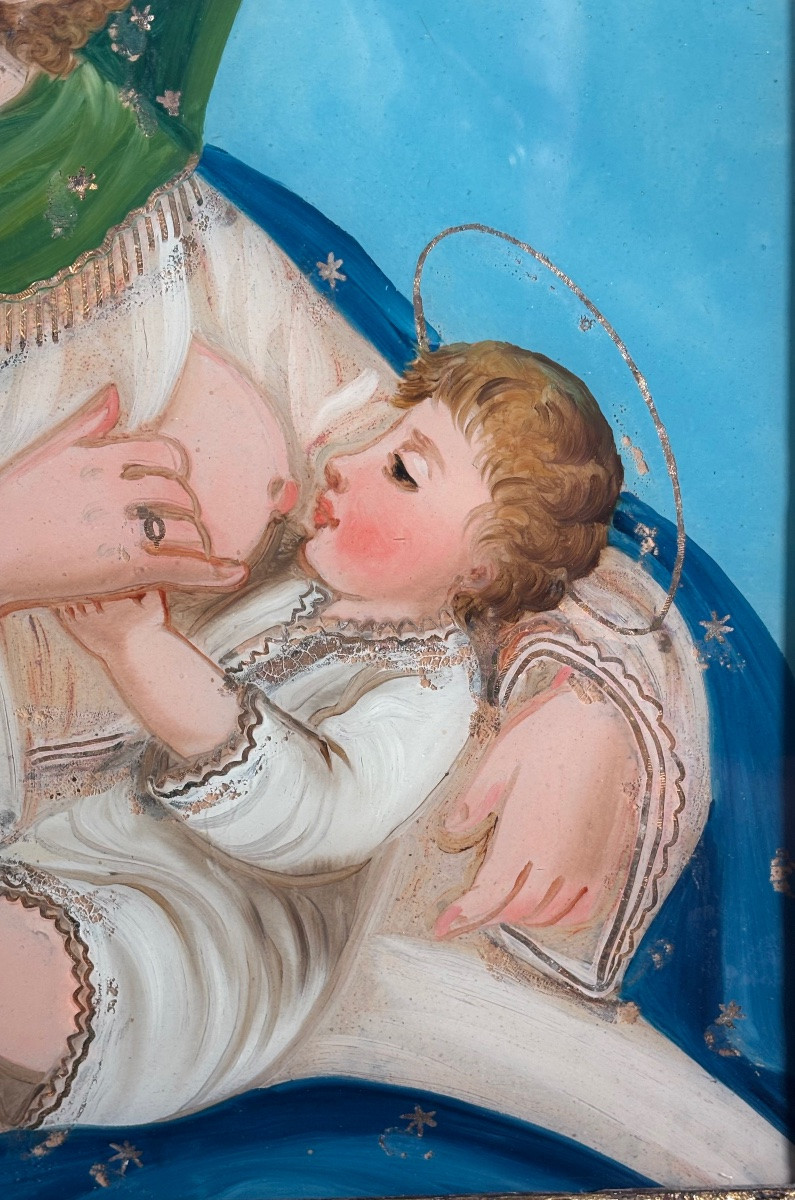 Fixé Sous Verre Fin XVIII eme Siècle Représentant L’allaitement de l’Enfant Jésus par Marie-photo-4