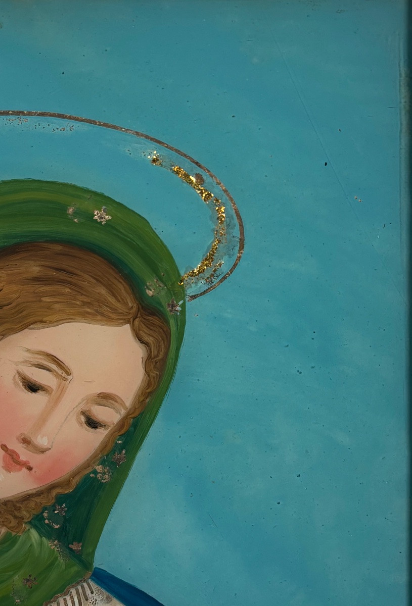 Fixé Sous Verre Fin XVIII eme Siècle Représentant L’allaitement de l’Enfant Jésus par Marie-photo-1