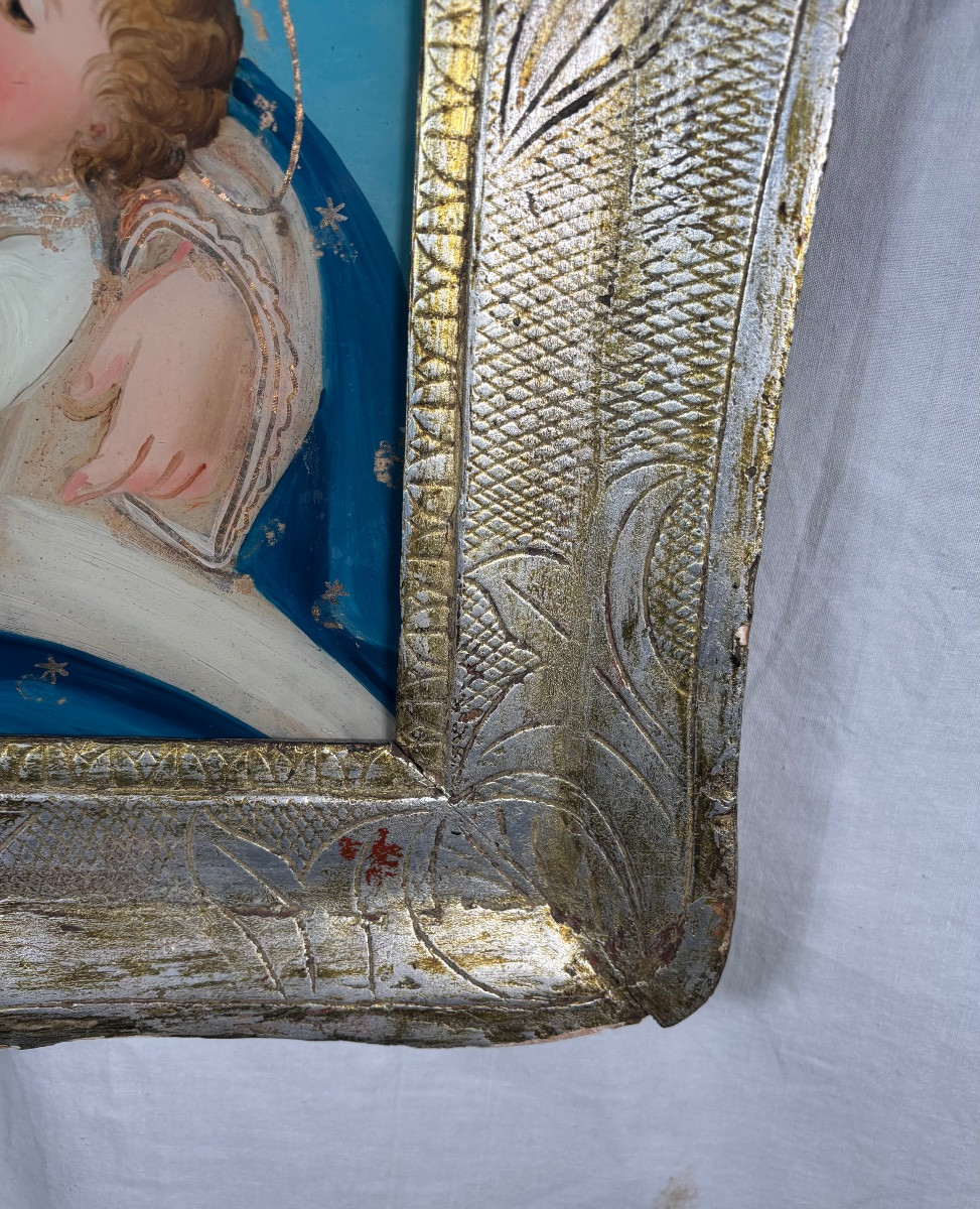 Fixé Sous Verre Fin XVIII eme Siècle Représentant L’allaitement de l’Enfant Jésus par Marie-photo-3