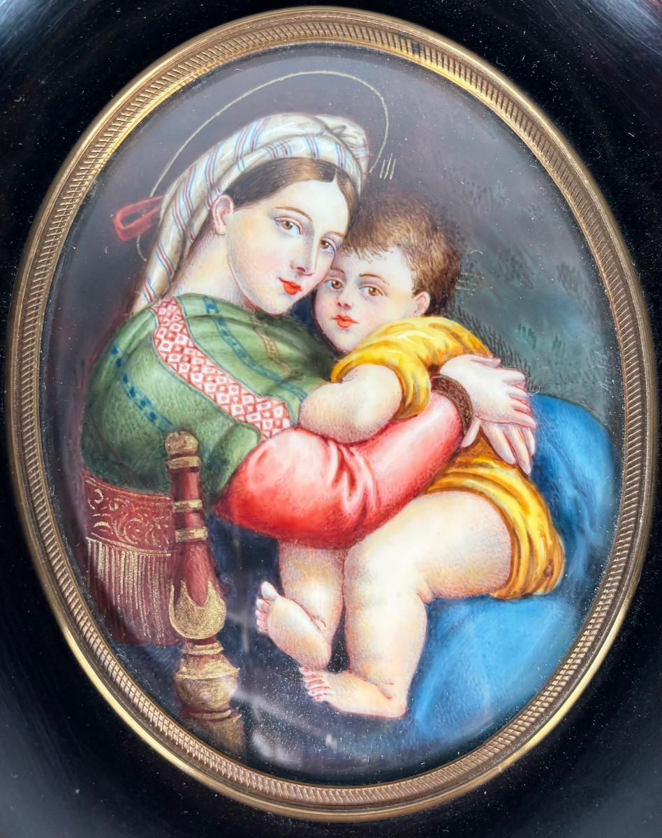 Miniature peinte sur ivoire Vierge à l’Enfant d’après Raphaël fin XIXe siècle-photo-2