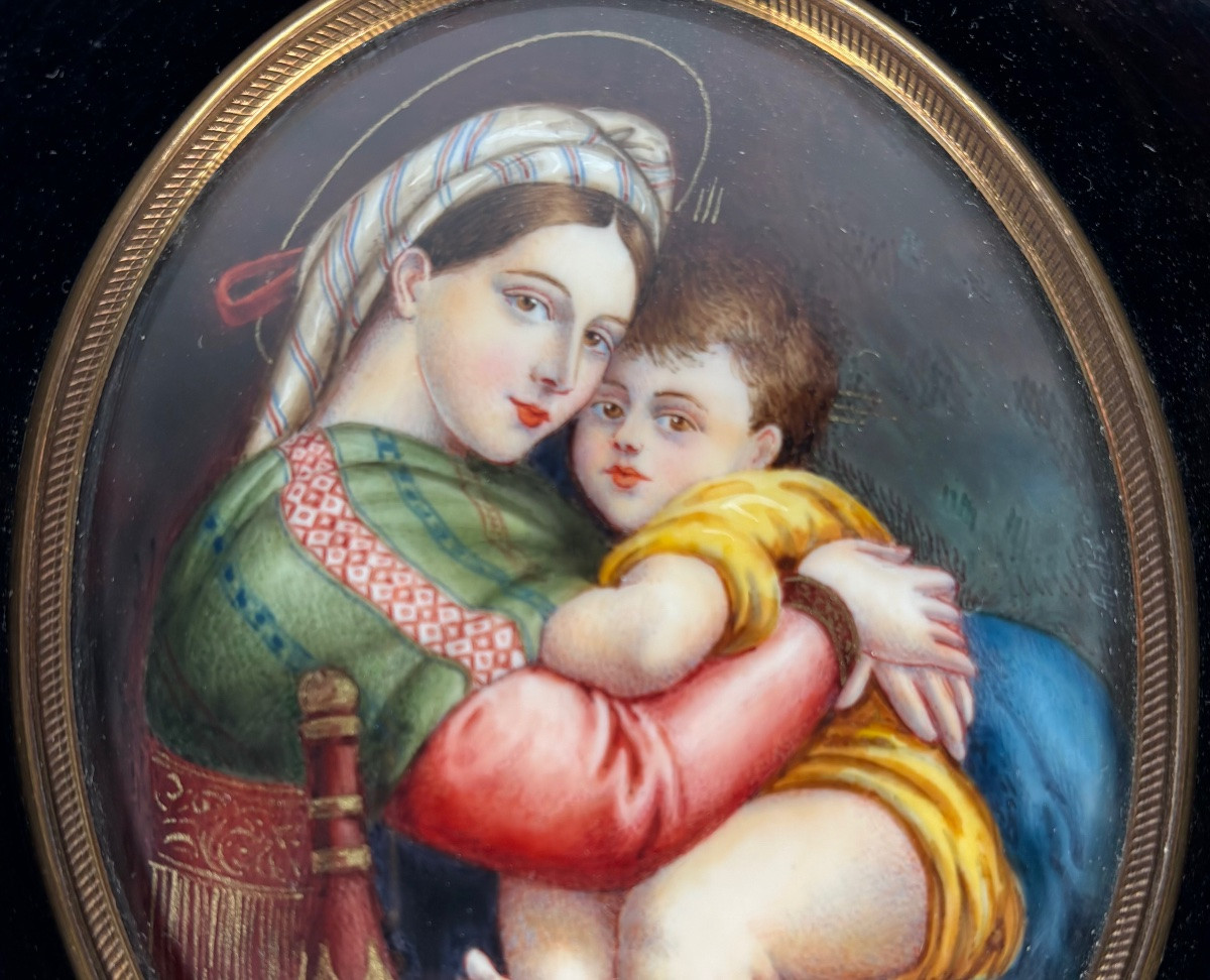 Miniature peinte sur ivoire Vierge à l’Enfant d’après Raphaël fin XIXe siècle-photo-3