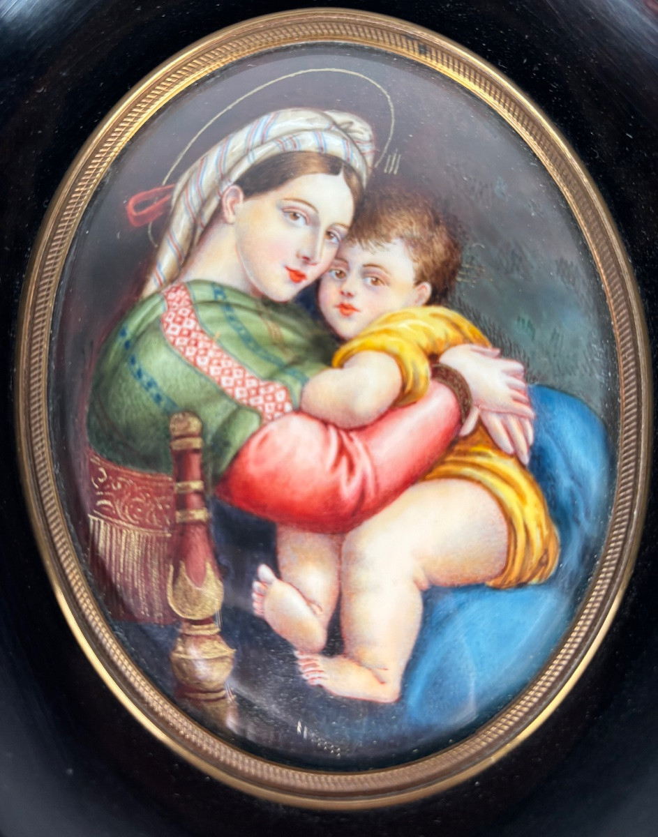 Miniature peinte sur ivoire Vierge à l’Enfant d’après Raphaël fin XIXe siècle-photo-4
