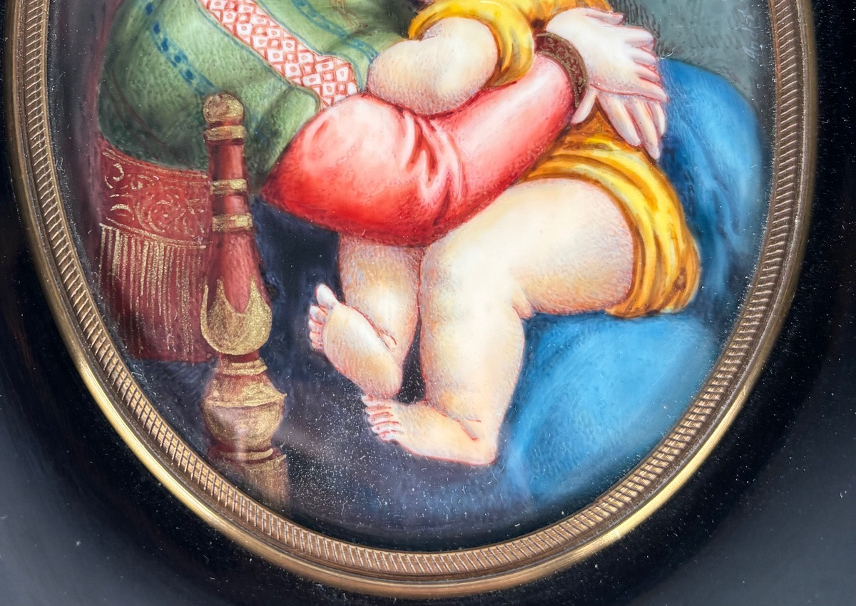Miniature peinte sur ivoire Vierge à l’Enfant d’après Raphaël fin XIXe siècle-photo-1