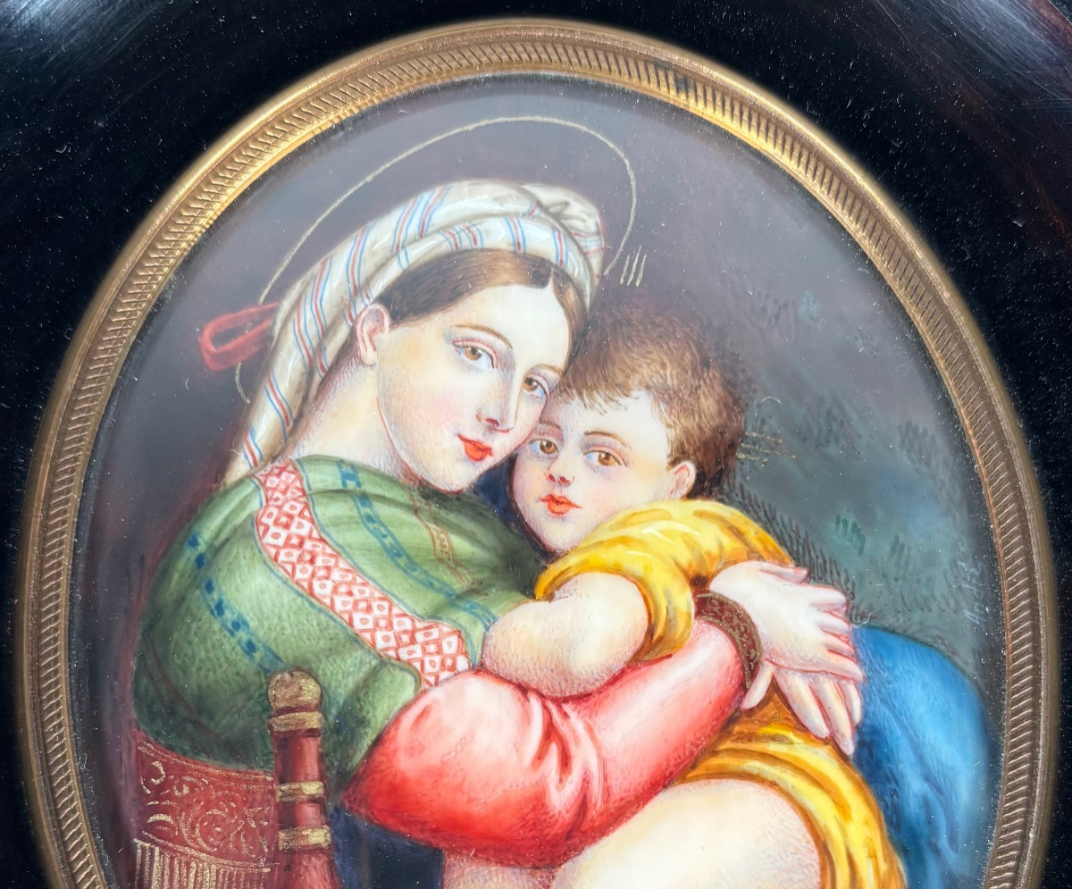 Miniature peinte sur ivoire Vierge à l’Enfant d’après Raphaël fin XIXe siècle-photo-2