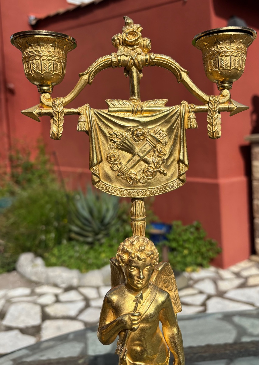 Pair Of Gilt Bronze Candelabra With Cupids, Early 19th Century Empire Period-photo-4