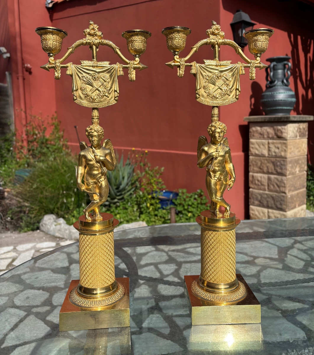 Pair Of Gilt Bronze Candelabra With Cupids, Early 19th Century Empire Period-photo-3