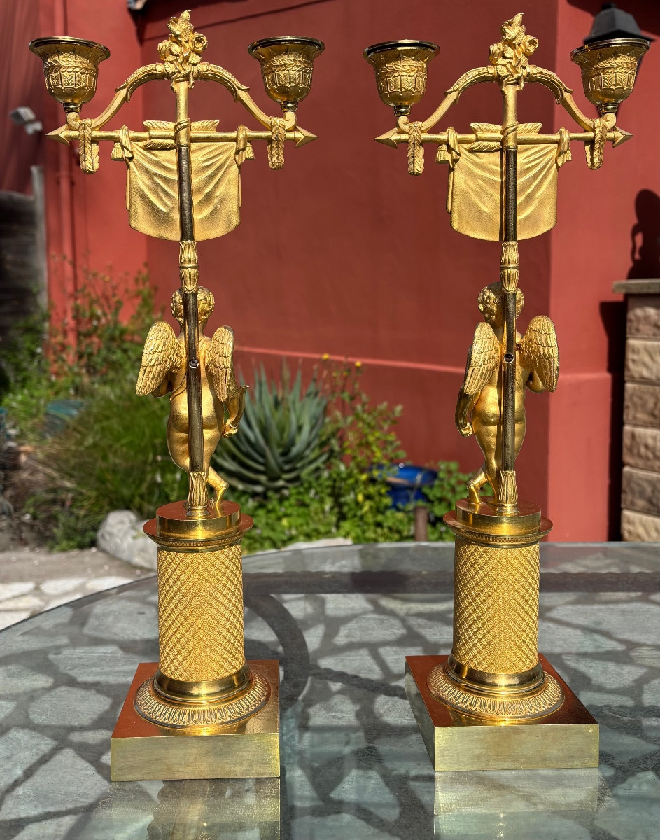 Pair Of Gilt Bronze Candelabra With Cupids, Early 19th Century Empire Period-photo-6