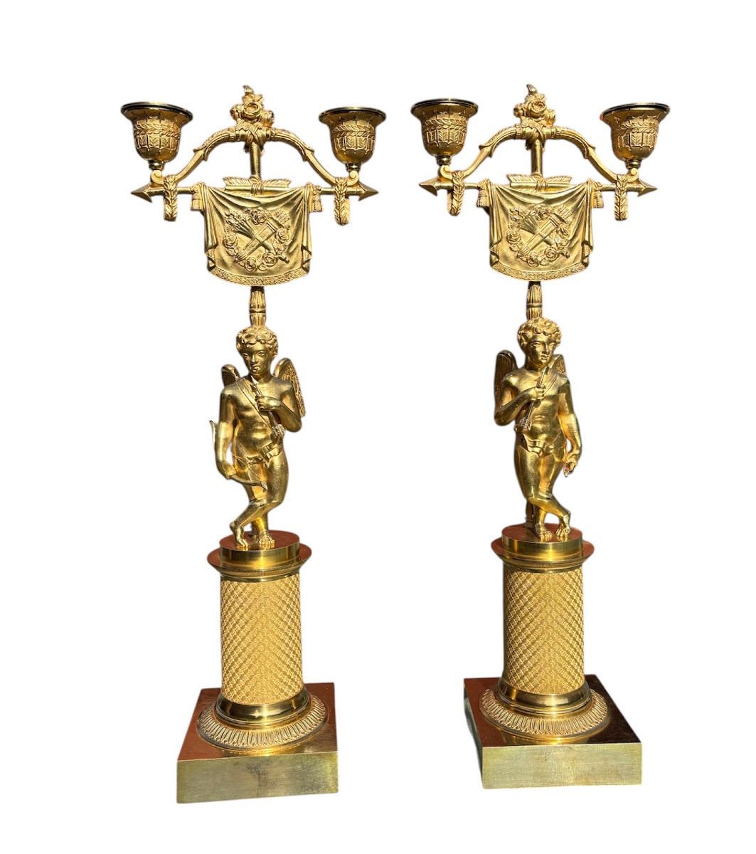 Pair Of Gilt Bronze Candelabra With Cupids, Early 19th Century Empire Period