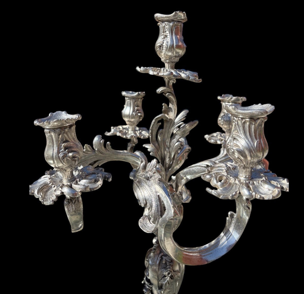 Paire de candélabres en bronze argenté de style Louis XV rocaille fin XIXᵉ siècle.-photo-2