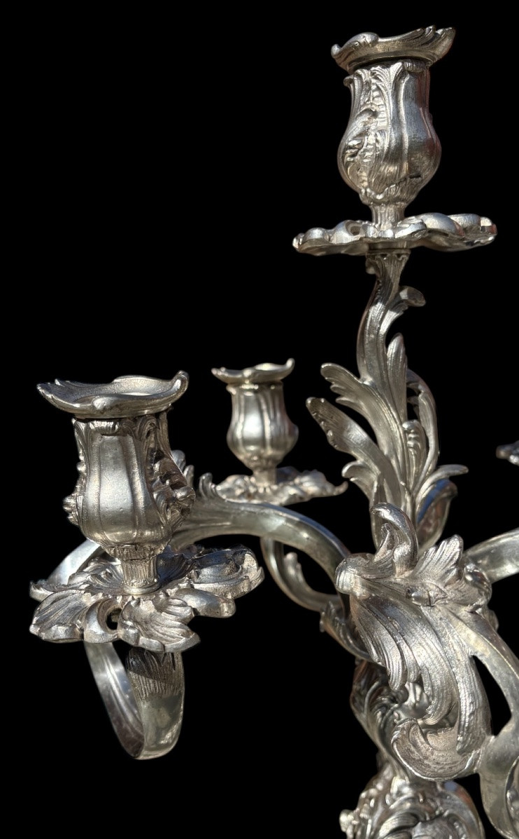 Paire de candélabres en bronze argenté de style Louis XV rocaille fin XIXᵉ siècle.-photo-1